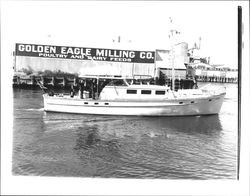 Yacht on the Petaluma River at the Golden Eagle Milling Co., Petaluma, California, 1962