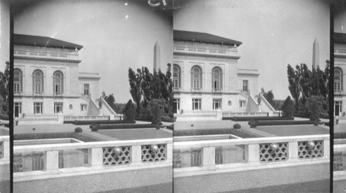 In the Patio of the Pan American Bldg., looking E.S.E. shows Washington Monument at right