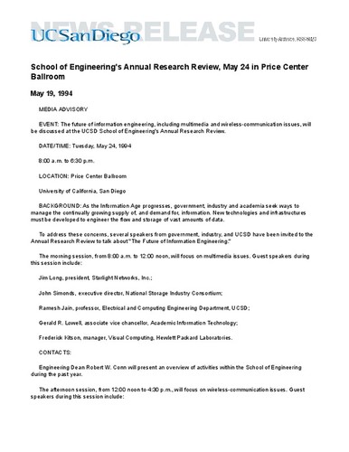 School of Engineering's Annual Research Review, May 24 in Price Center Ballroom