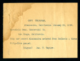 Copy of the telegram to Spreckels Bro's Commercial Co. from Jas T. Taylor, 1892-01-21