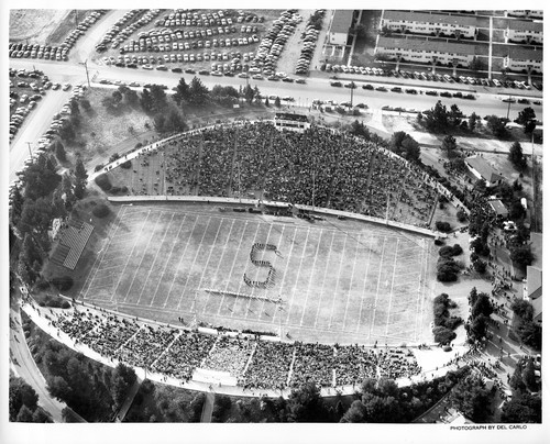 San Jose State College Marching Band in Formation on the College Stadium's Field