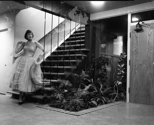 San Jose State College Kappa Alpha Theta Member on Staircase of Sorority House