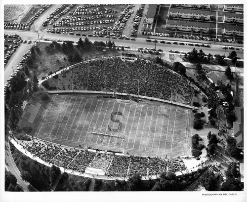 San Jose State College Marching Band in Formation on the College Stadium's Field