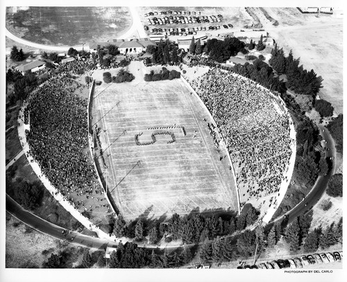 San Jose State College Marching Band in Formation on the College Stadium's Field