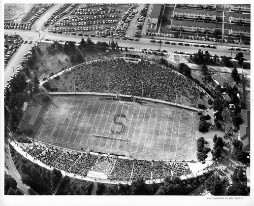 San Jose State College Marching Band in Formation on the College Stadium's Field