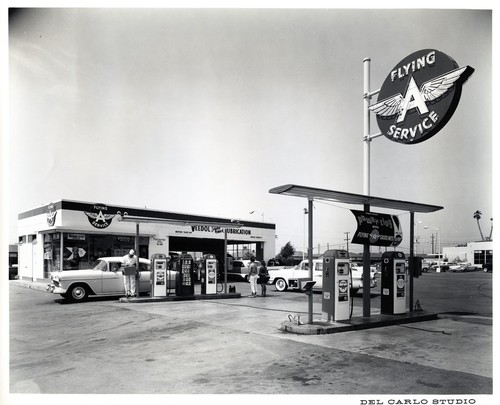 View of the Flying-A-Service Gas Station at the Ann Darling Park