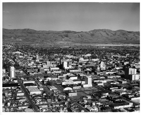 Aerial View of Downtown San Jose with Hotel De Anza, St. Joseph, Bank of America