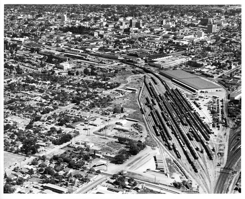 Aerial View of San Jose, California with Train Station and Train Yard