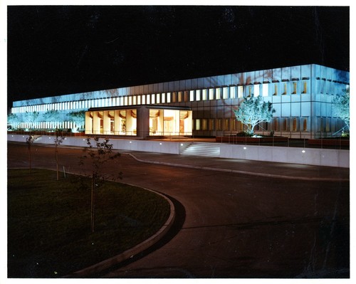 Detail-View of the Fremont General Motors Corporation Building by Night