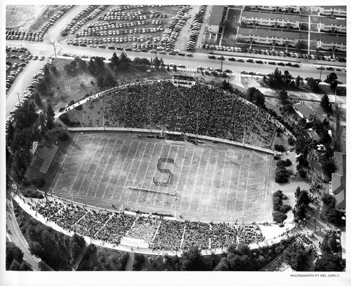 San Jose State College Marching Band in Formation on the College Stadium's Field