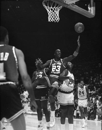 Michael Jordan leaping for a basket, Los Angeles, 1990