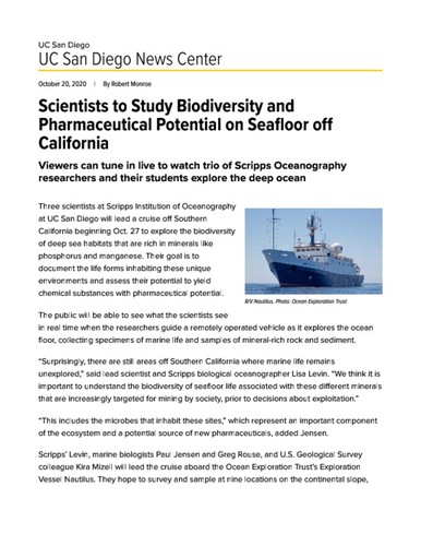 Scientists to Study Biodiversity and Pharmaceutical Potential on Seafloor off California