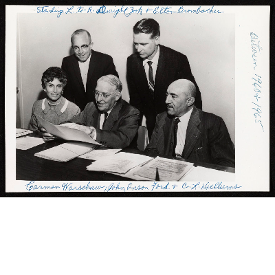 Group photograph (left-right): Dwight Zook, Elton Brombacker, Carmen Warschaw, John Anson Ford, C.L. Dellums