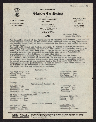 Brotherhood of Sleeping Car Porters list of districts