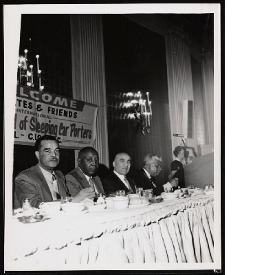 Brotherhood of Sleeping Car Porters dinner banquet (left-right): A.R. Blanchette, Al Daley, C.L. Dellums, and L.J. Shackelford Jr