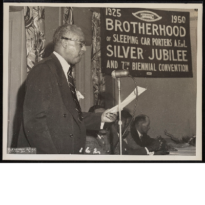 A. Philip Randolph giving speech at the Silver Jubilee and 7th Biennial Convention of the Brotherhood of Sleeping Car Porters