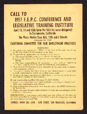 Call to 1957 F.E.P.C. conference and legislative training institute April 13, 14, and 15th (plus the 16th for some delegates) in Sacramento, California