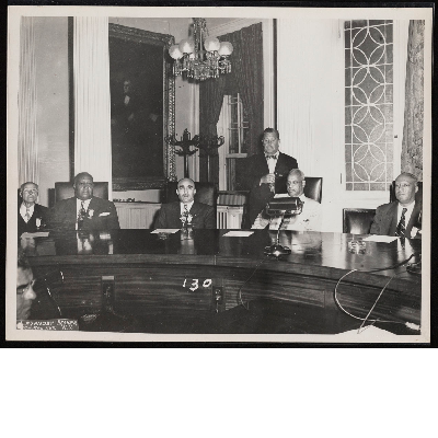 Group photograph of Brotherhood of Sleeping Car Porters leadership (left to right): James Bell, M.P. Webster, C.L. Dellums, Ashley L. Totten, A. Philip Randolph, Grover Whalen