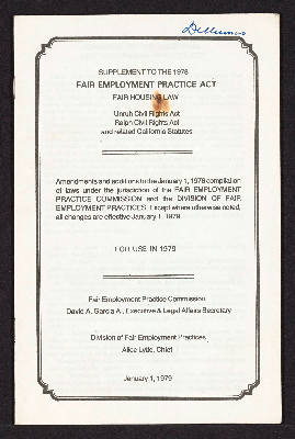 Supplement to the 1978 Fair Employment Practice Act, Fair Housing Law, Unruh Civil Rights Act, Ralph Civil Rights Act and related California statutes