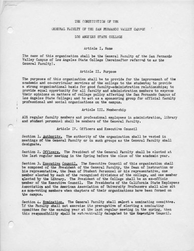 Constitution of the General Faculty of the San Fernando Valley campus, Los Angeles State College (now CSUN), 15 Feb 1957. (Page 1 of 4)