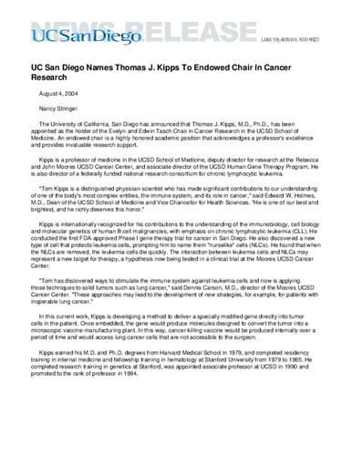 UC San Diego Names Thomas J. Kipps To Endowed Chair In Cancer Research