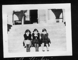 Bunni Myers and two unidentified friends sitting Analy High School and another with Bunni seated on a stone wall in an unidentified location