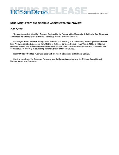 Miss Mary Avery appointed as Assistant to the Provost