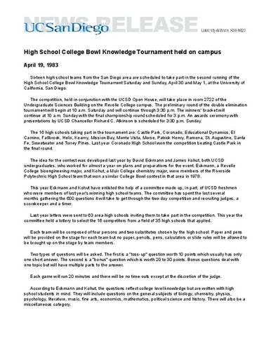High School College Bowl Knowledge Tournament held on campus