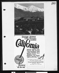 Santa Fe Railway advertisement, showing a grove of oranges, 1925