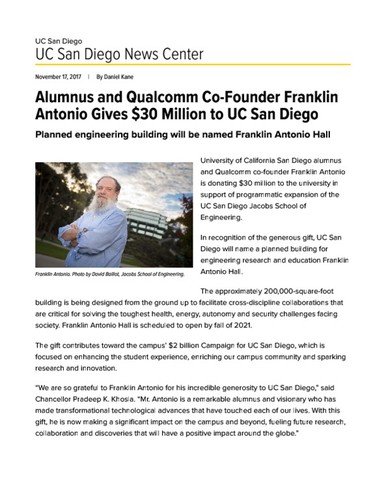 Alumnus and Qualcomm Co-Founder Franklin Antonio Gives $30 Million to UC San Diego