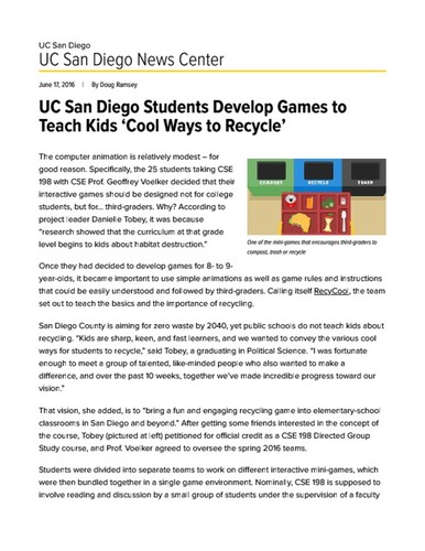 UC San Diego Students Develop Games to Teach Kids ‘Cool Ways to Recycle’
