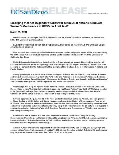 Emerging theories in gender studies will be focus of National Graduate Women's Conference at UCSD on April 14-17