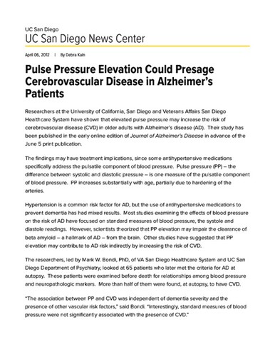 Pulse Pressure Elevation Could Presage Cerebrovascular Disease in Alzheimer’s Patients