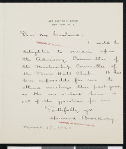 Howard Brockway, letter, 1926-03-17, to Hamlin Garland