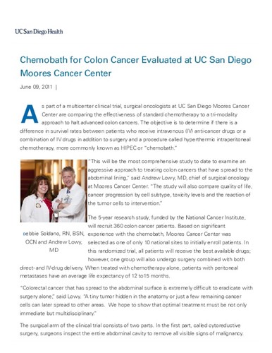 “Chemobath” for Colon Cancer Evaluated at UC San Diego Moores Cancer Center