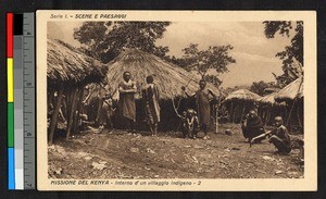 Villagers standing amid thatched huts, Kenya, ca.1920-1940