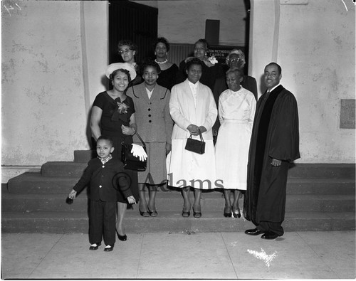 Pastor & Mrs. Doggett with congregants, Los Angeles, 1958