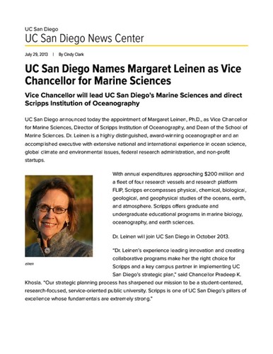 UC San Diego Names Margaret Leinen as Vice Chancellor for Marine Sciences