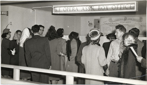 [People waiting on line at City of Paris department store to buy tickets for the San Francisco Opera]