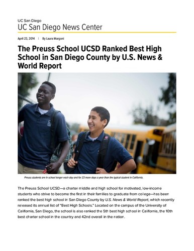 The Preuss School UCSD Ranked Best High School in San Diego County by U.S. News & World Report