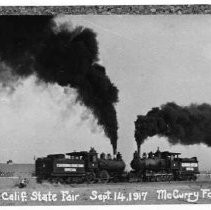 Copy print of the staged "train wrecks" conducted annually at the California State Fair
