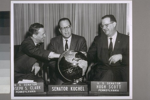 [Thomas Henry Kuchel on set of] television program with Sens. Joseph Clark (D) and Hugh Scott (R) of Pennsylvania