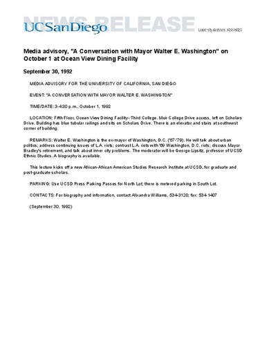 Media advisory, "A Conversation with Mayor Walter E. Washington" on October 1 at Ocean View Dining Facility