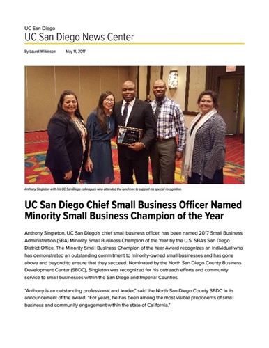 UC San Diego Chief Small Business Officer Named Minority Small Business Champion of the Year