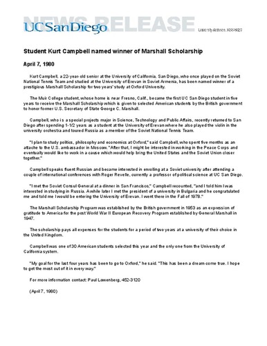 Student Kurt Campbell named winner of Marshall Scholarship