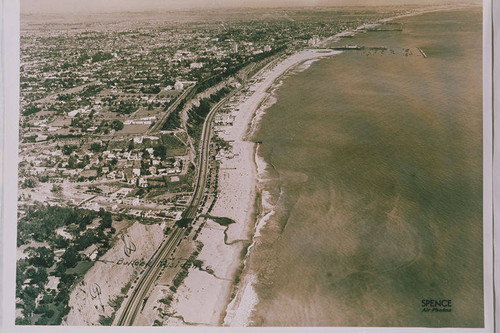 Aerial view of Santa Monica Canyon looking south to the City of Santa Monica and the Santa Monica Pier on April 11, 1940, 2:33 PM