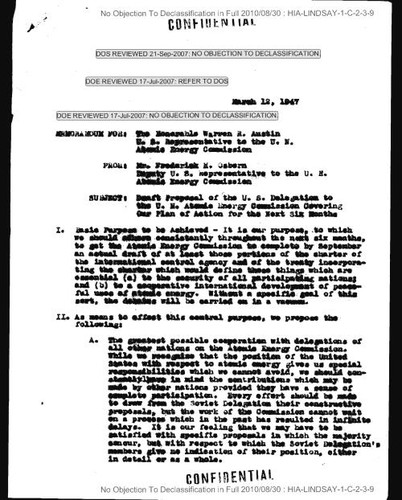 Frederick M. Osborn memo regarding draft proposal of the US delegation to the United Nations Atomic Energy Commission covering our plan of action for the next six months