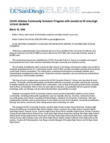 UCSD initiates Community Scholars Program with awards to 33 area high school students