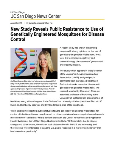 New Study Reveals Public Resistance to Use of Genetically Engineered Mosquitoes for Disease Control