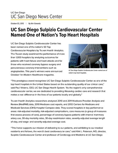 UC San Diego Sulpizio Cardiovascular Center Named One of Nation’s Top Heart Hospitals